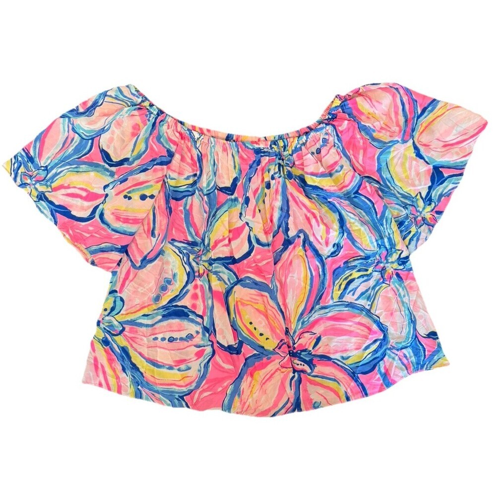 NWT LILLY PULITZER Pink Sunset The Sunny Side off-the-shoulder Sain Top LARGE